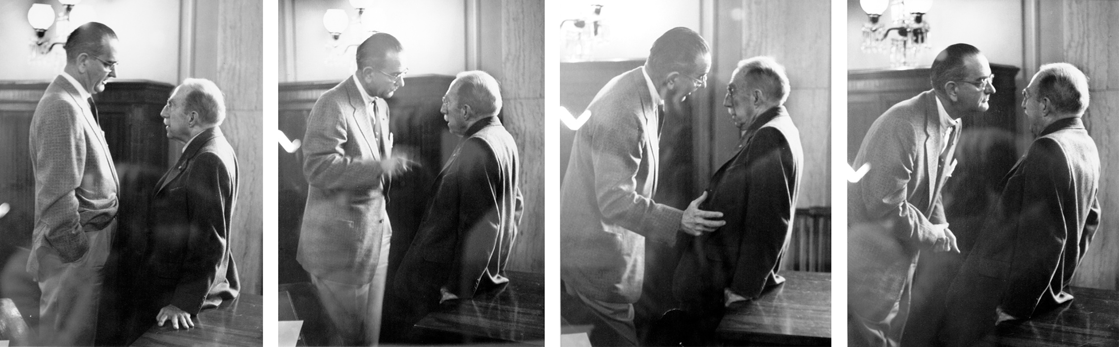 Lyndon B. Johnson, left, the Senate majority leader, is shown working over Theodore F. Green, D-R.I., chairman of the Senate Foreign Relations Committee in 1957. Photograph: George Tames/The New York Times.
